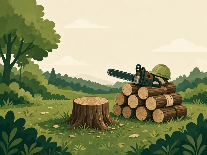 Illustration d’une souche et de bûches empilées après un abattage