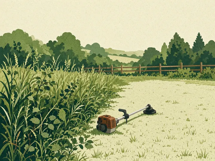Illustration d’un terrain à moitié débroussaillé et d’une débroussailleuse