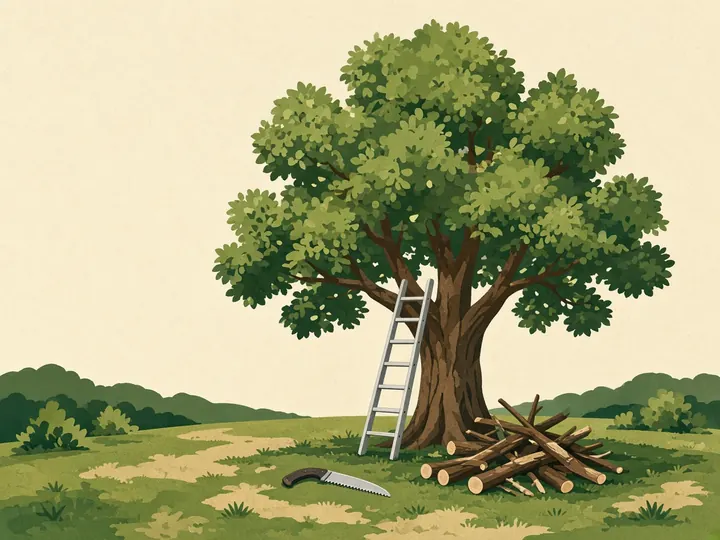Illustration d’un arbre élagué avec une échelle et des branches coupées
