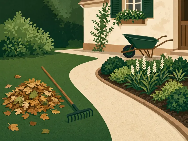 Illustration d’un jardin entretenu avec un râteau et un tas de feuilles